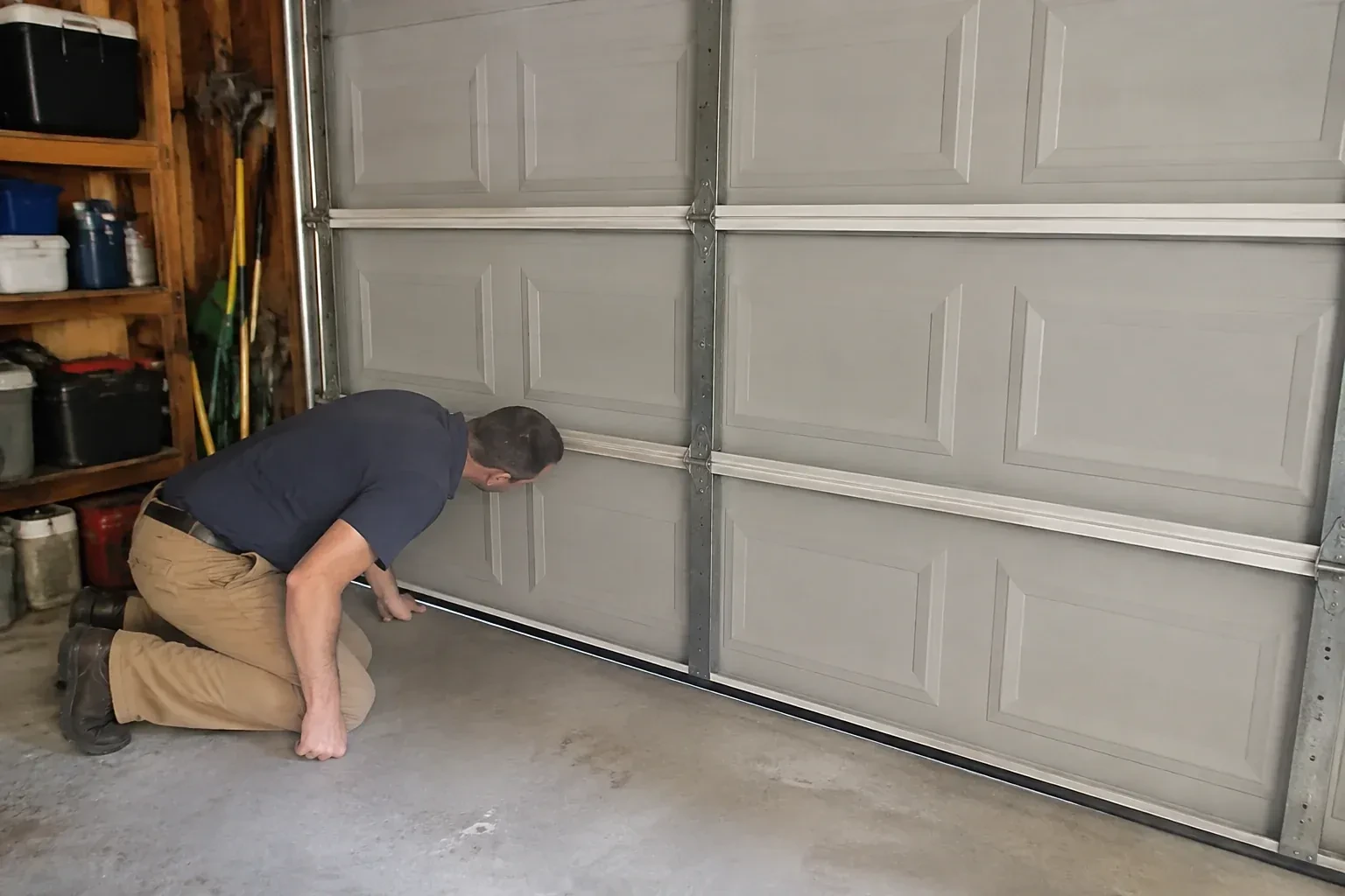 Person kneeling with a hand at the base of a gray paneled door that has a black strip along its bottom. — Garage Door Perimeter Weatherstrip, London