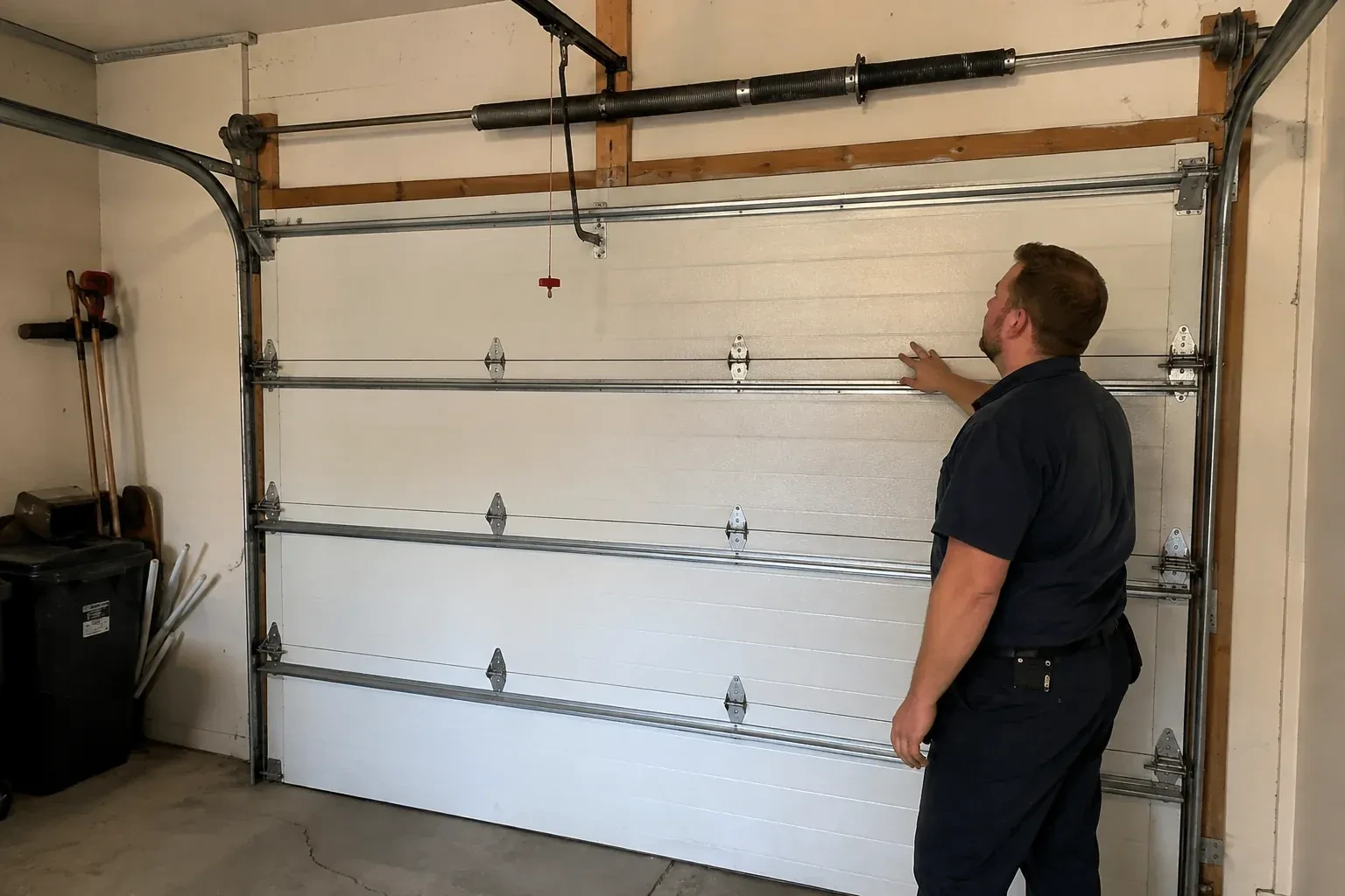 A person stands beside a closed sectional door beneath its overhead spring assembly. — Garage Door Balance Adjustment, Westmount