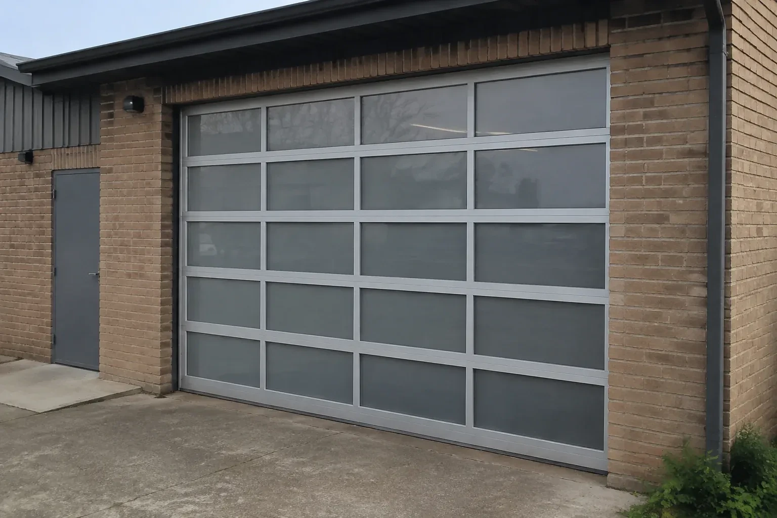 Closed glazed sectional door in a grey metal frame at a brick workshop. — Full-View Glass Garage Door Installation, London
