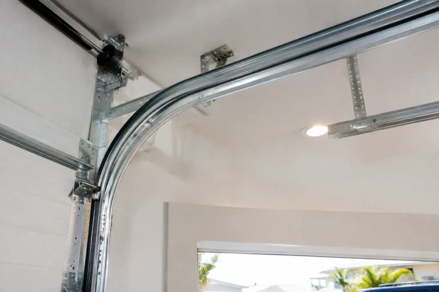 Curved galvanized steel track bending from the vertical door track into the ceiling, with perforated brackets and a recessed light. — Garage Door Track Repair or Replacement, London