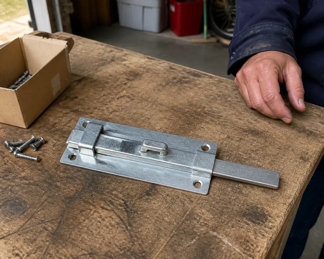 A detached metal slide bolt with mounting holes and retaining guides rests beside screws on a workbench. — Garage Door Manual Lock Repair, London