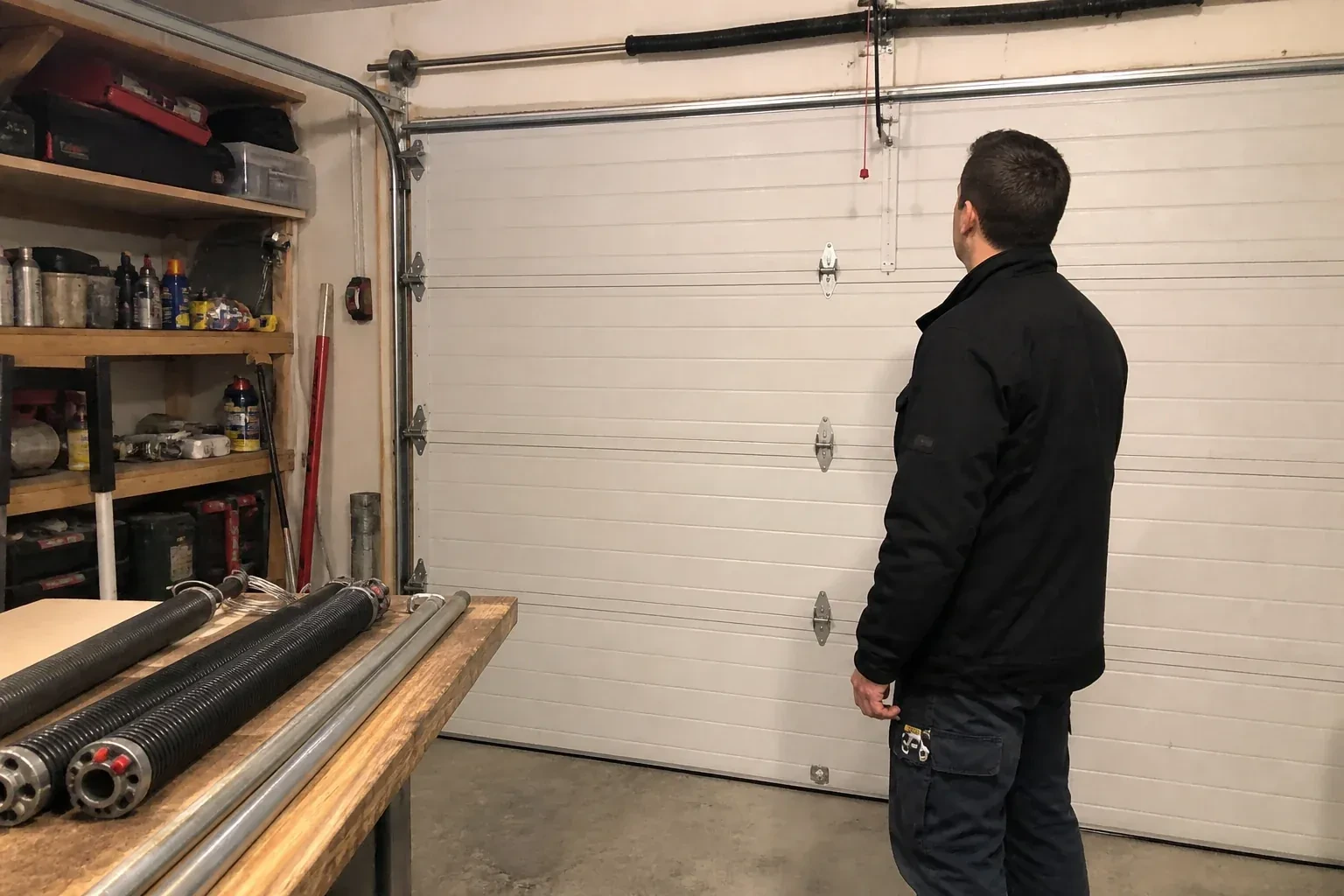 Person in a jacket facing a closed white sectional door, with coiled springs and steel tubes on a wooden bench. — Extension Spring Replacement, Byron