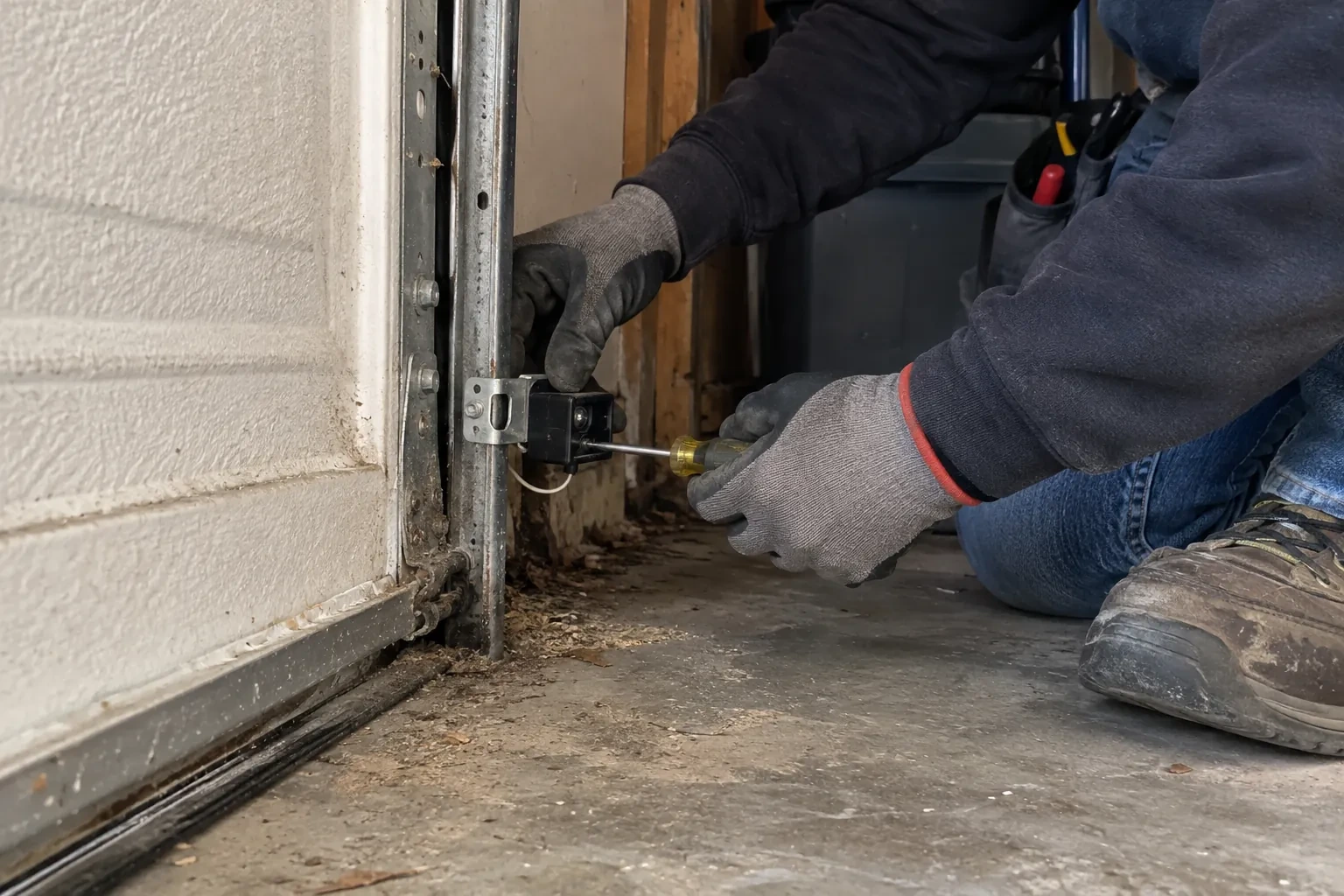 Gloved hands using a yellow-handled screwdriver to fasten a small black sensor to a vertical metal track beside a white door panel. — Photo-Eye Sensor Alignment or Replacement, Westmount