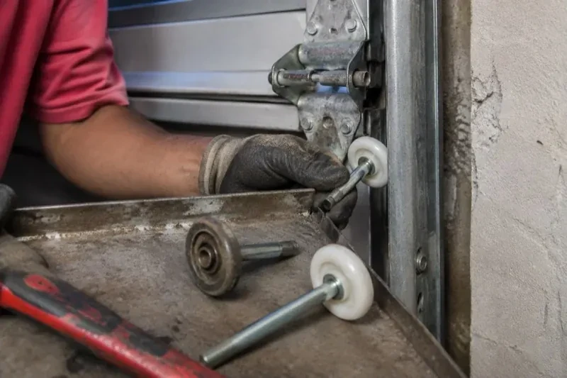 Gloved hand holding a white garage-door roller beside its track, with two loose rollers and a red tool on a tray. — Garage Door Roller Replacement, London
