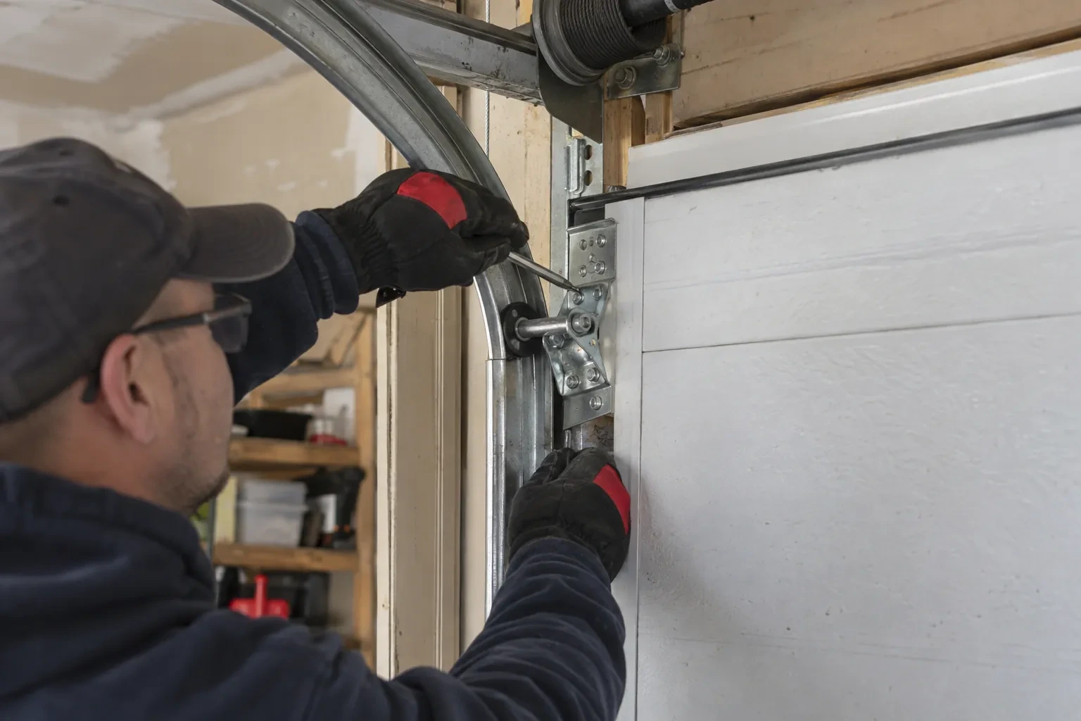 Hands in red-and-black gloves holding a screwdriver at a hinge bracket on a white door beside the curved track.