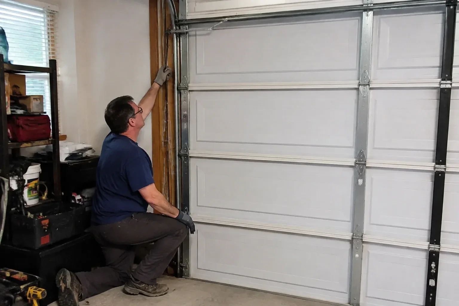 Person kneeling inside a garage reaching up along the vertical track of a white paneled door, with a toolbox and drill nearby. — Garage Door Cable Replacement, Byron