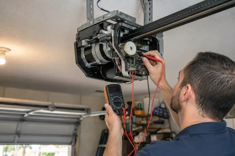 Person holding a multimeter and a red probe near the exposed circuit board of an overhead garage-door opener. — Garage Door Opener Diagnosis and Repair, London
