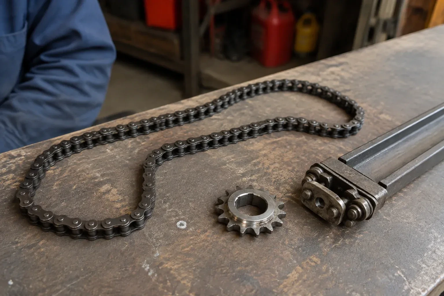 A detached metal roller chain, toothed sprocket and rail component rest on a worn garage workbench. — Chain-Drive Opener Repair, London