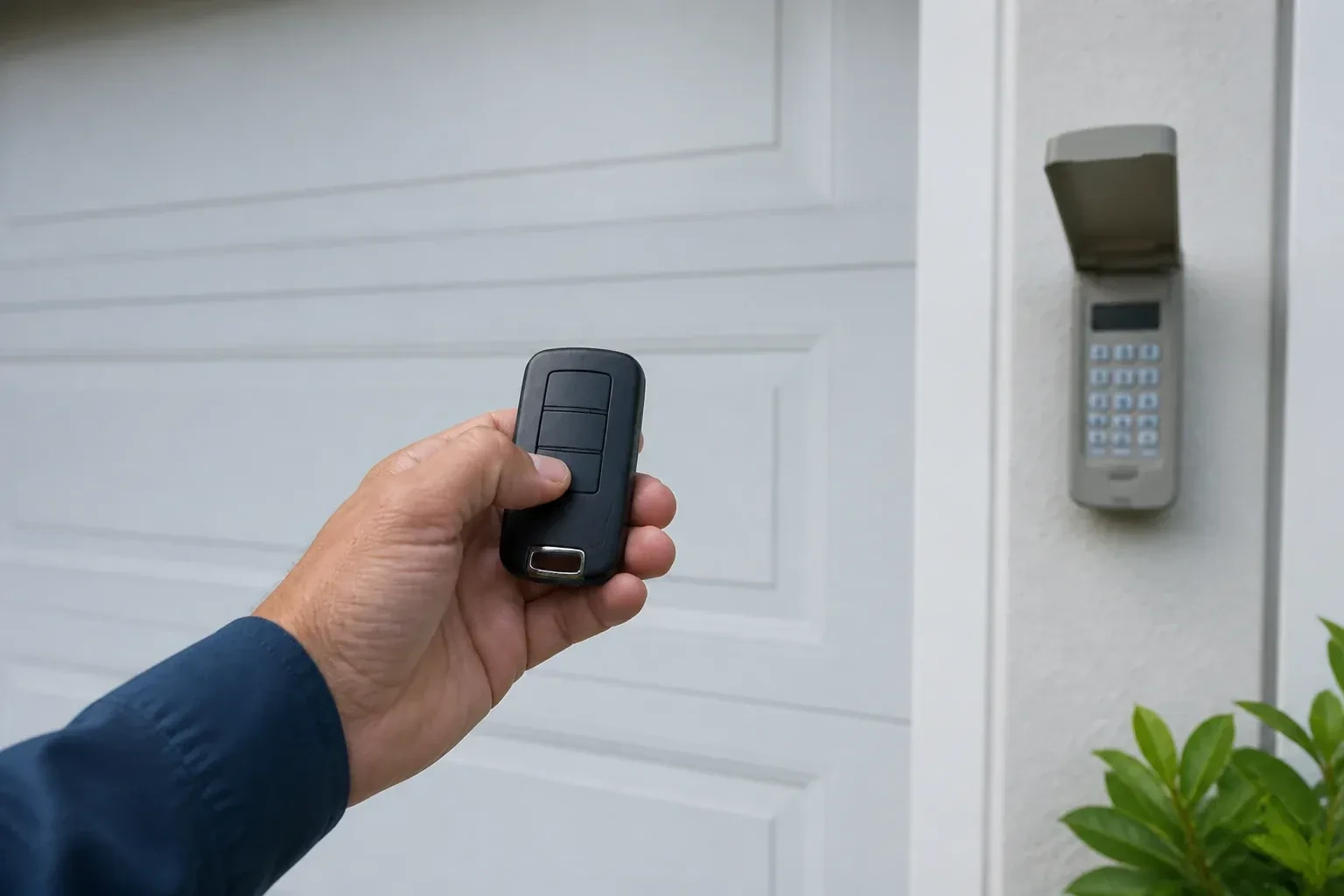 Hand holding a black three-button remote in front of a white paneled door, with a wall keypad and open cover at right. — Garage Door Remote and Keypad Programming, London