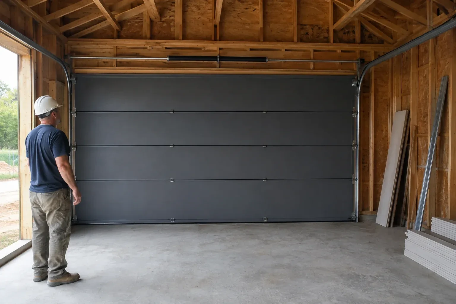 A person wearing a hard hat stands beside a dark sectional door in an unfinished timber-framed garage. — New-Construction Garage Door Installation, London